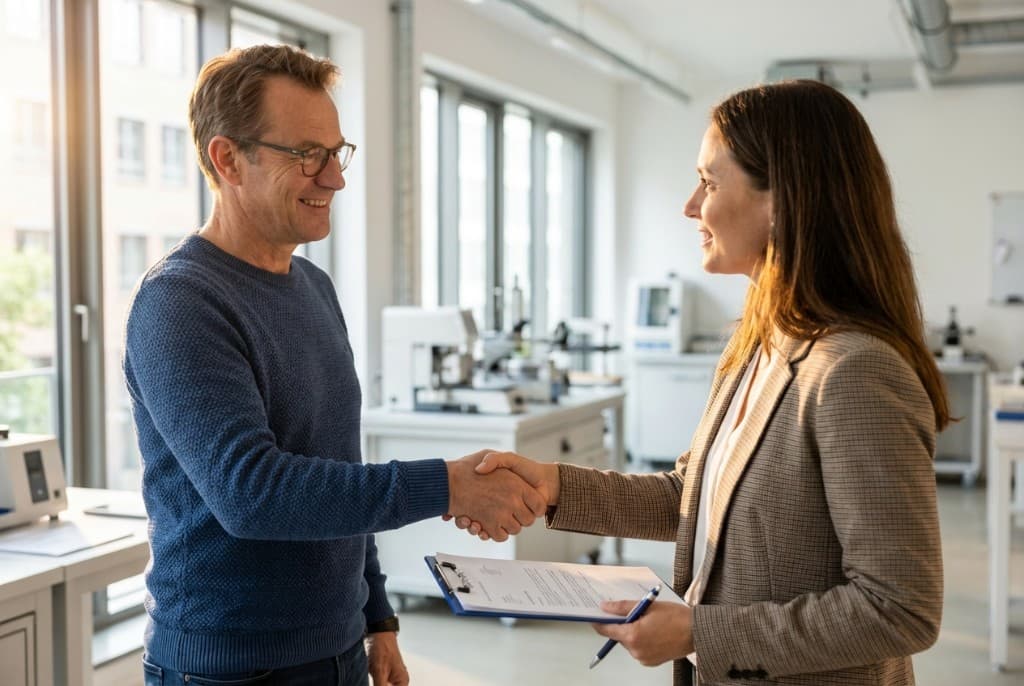 Geschäftsführer und Fachkraft für Arbeitssicherheit geben sich die Hand in einer Produktionshalle