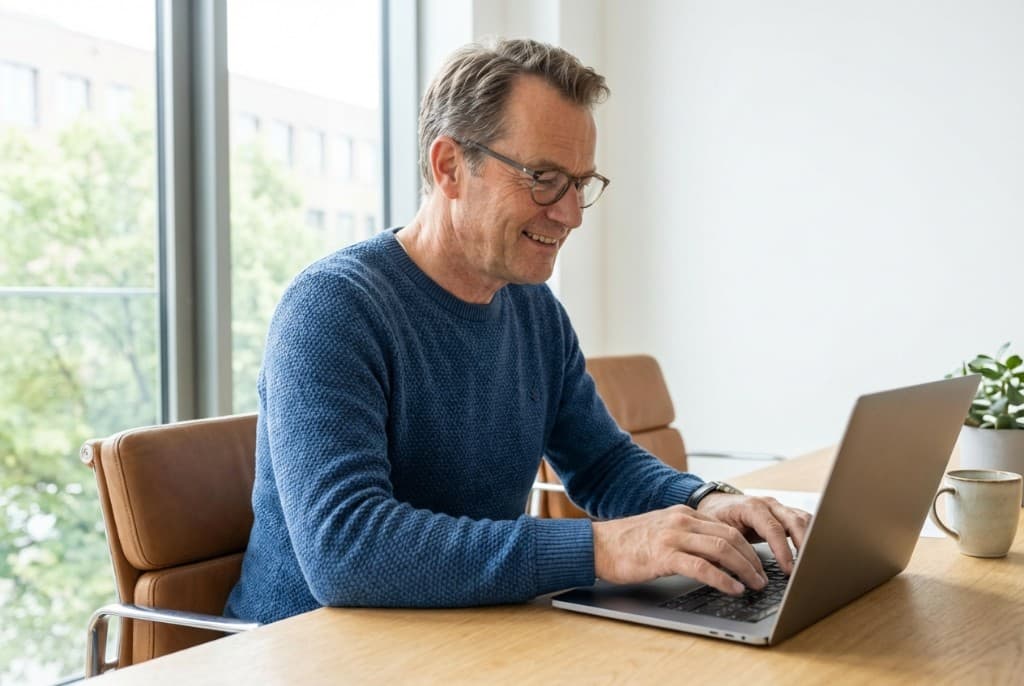 Geschäftsführer füllt am Laptop eine Anfrage für Arbeitsschutz-Anbieter aus