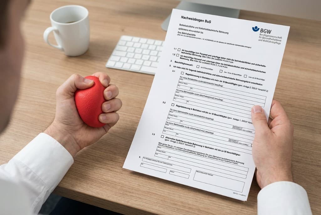 Geschäftsführer liest einen Nachweisbogen BuS der BGW am Schreibtisch