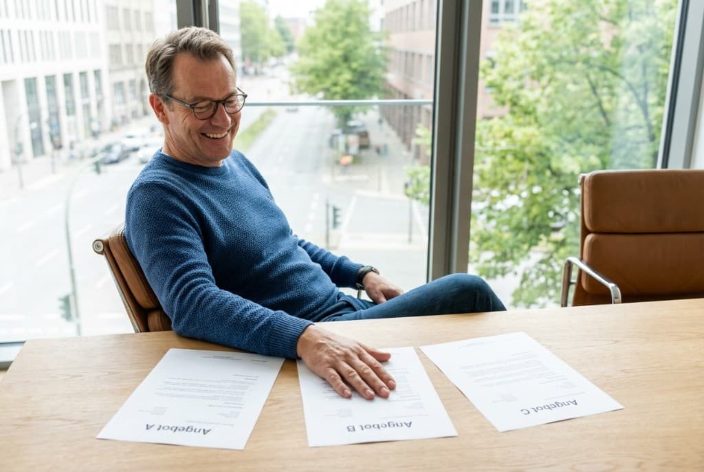 Geschäftsführer vergleicht drei Angebote nebeneinander