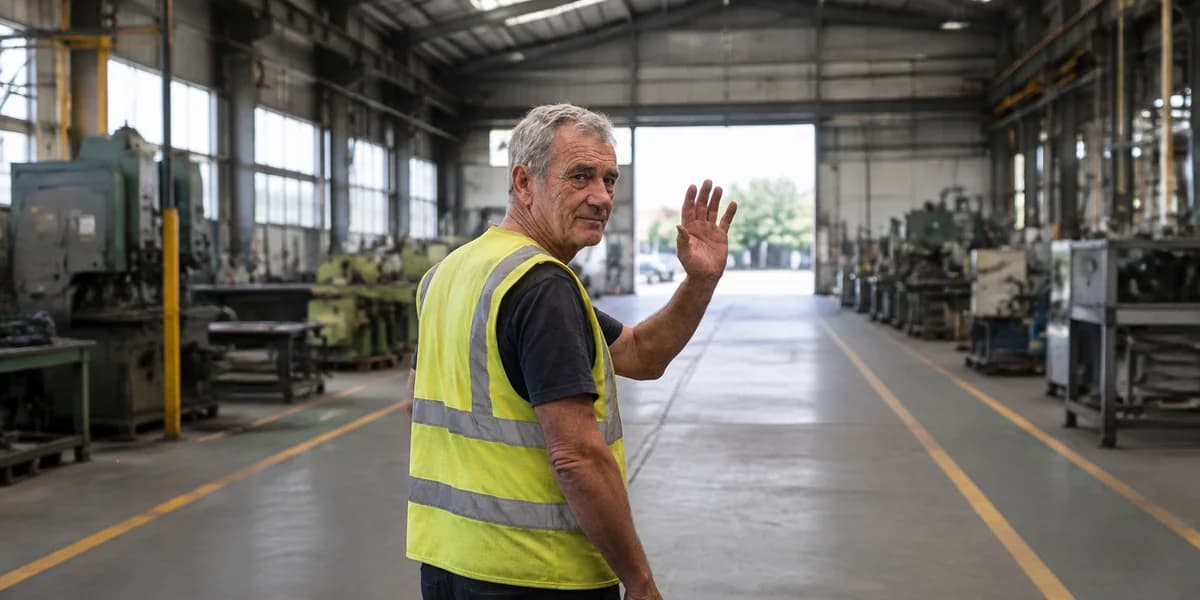 Ältere Fachkraft für Arbeitssicherheit verabschiedet sich im Betrieb