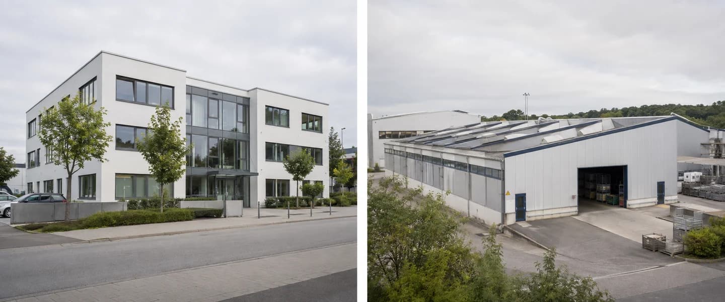 Geteiltes Fotomotiv mit einem Bürogebäude links und einer Fabrik an einem anderen Standort rechts
